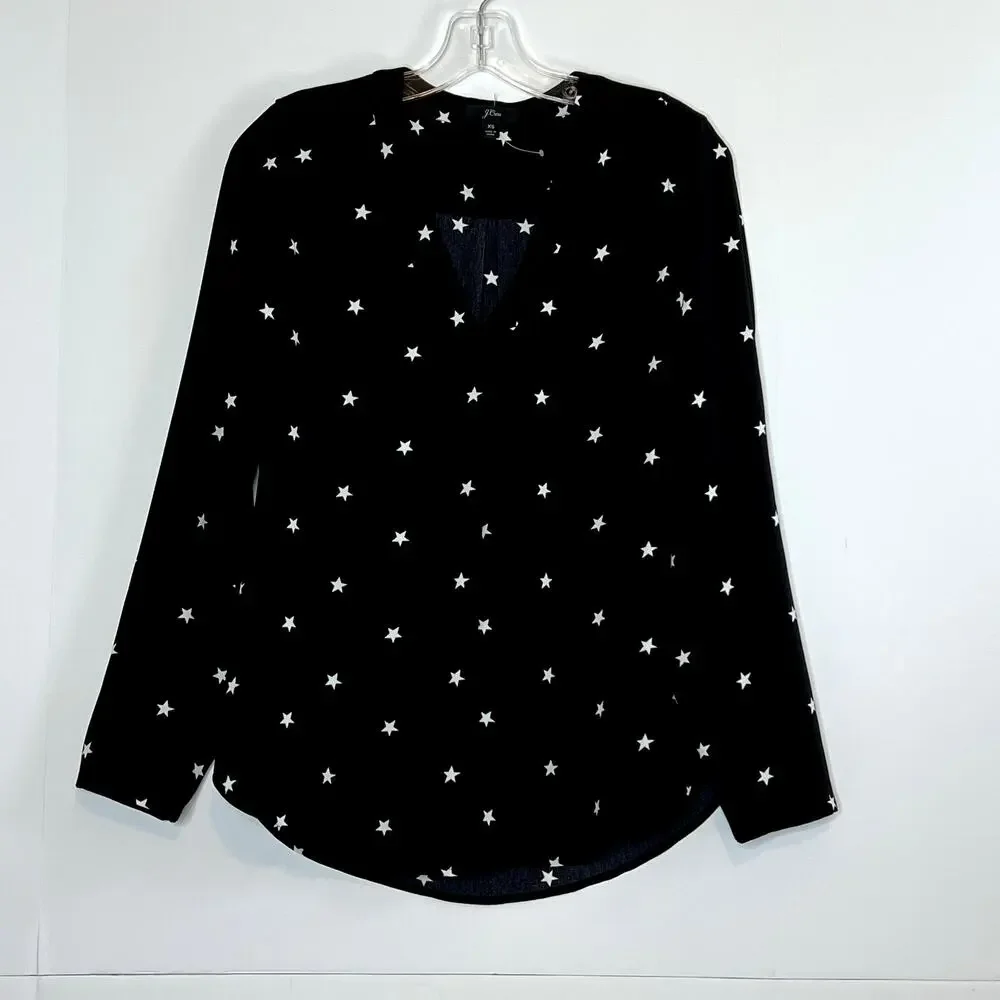 J. Crew Long Sleeve V Neck Star Popover Blouse Black White Womens XS